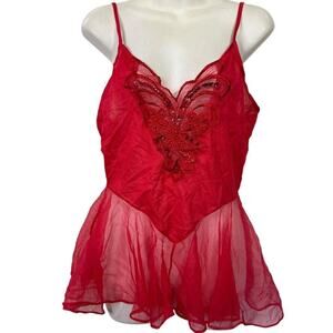Vintage Lingerie Slip Top Sheer Red Beaded Fairy Whimsigoth Tank Chemise sz S